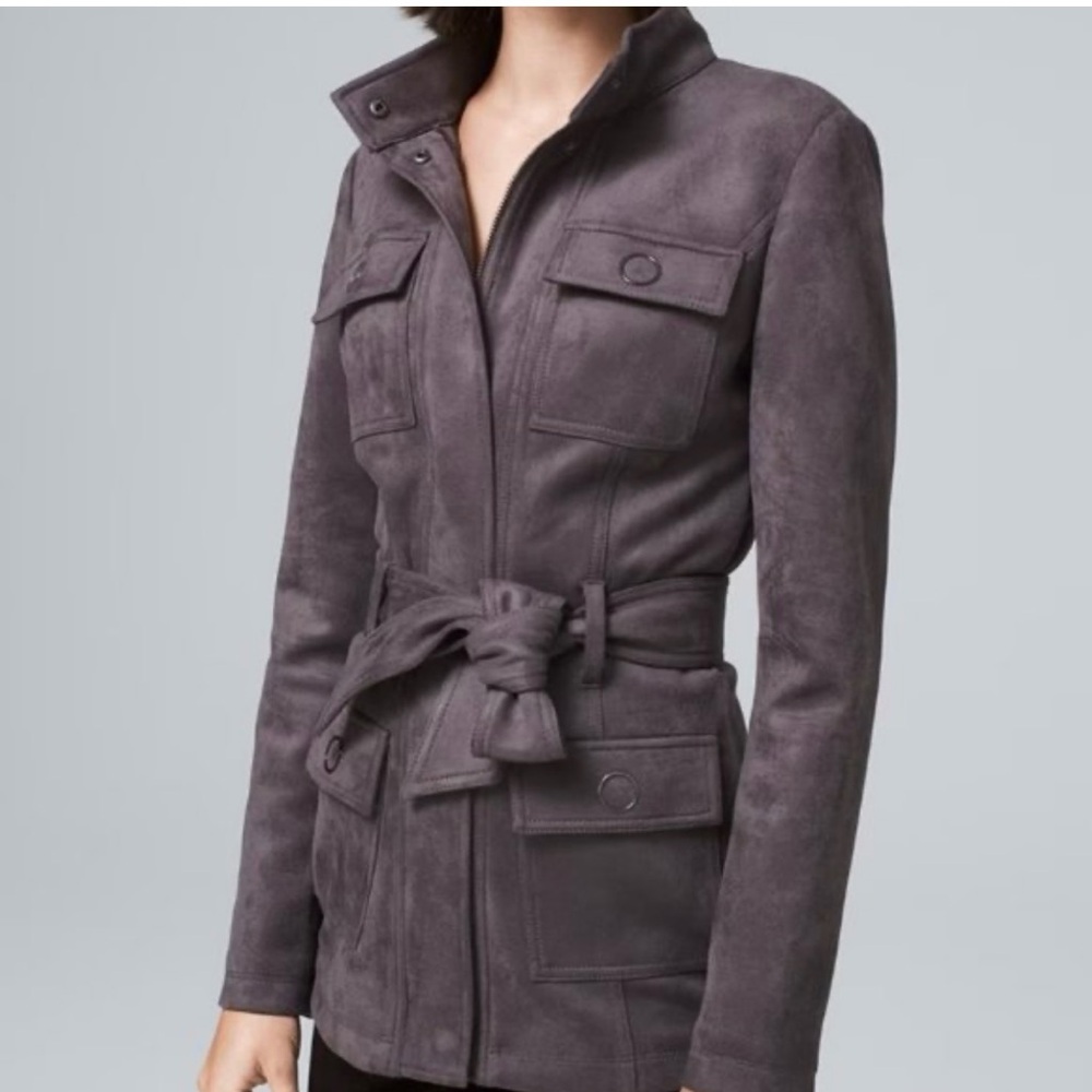 White House Black Market WHBM Belted Faux Suede Jacket in Blackened Pearl XS